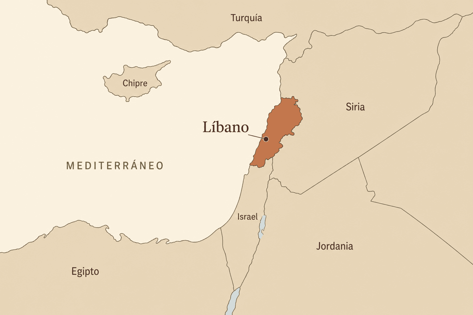 Mapa del Mediterráneo oriental con el Líbano destacado